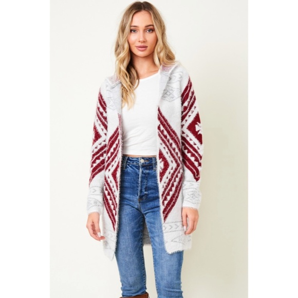 SOLD OUT Wine Fuzzy Soft Knit Long Sleeve Aztec Tribal Native Western Cardigan - Picture 9 of 9